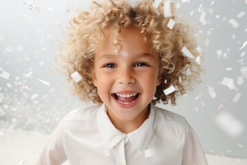 Portrait of happy girl child with confetti celebrating a birthday party on white background.