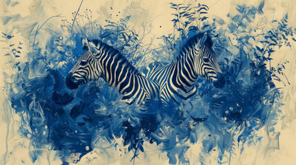 Fototapeta na wymiar Two zebras are swimming in the ocean. The blue and white background gives the painting a serene and peaceful mood