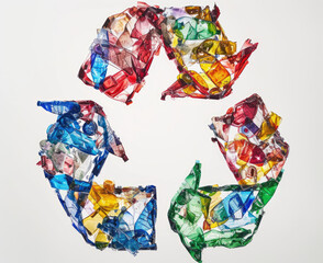 a studio shot of a closeup of A very high end art showcasing the recycling symbol, made out of plastic garbage, isolated against a white background