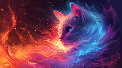 A cat is staring at the camera in a colorful, fiery background. The cat's eyes are blue, and it is looking directly at the viewer. The background is a mix of red, orange, and yellow - obrazy, fototapety, plakaty