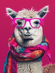 alpaca wearing pink glasses and wrapped in a scarf. vibrant magenta color background