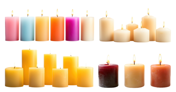 Set of pillar candles with flames illuminated, cut out