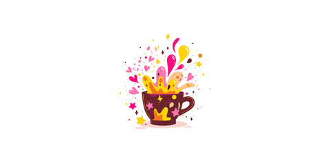 
cute cartoon coffee splash in a pink cup, in the style of a doodle, simple flat illustration, minimalist drawing with sparkles and stars on a white background