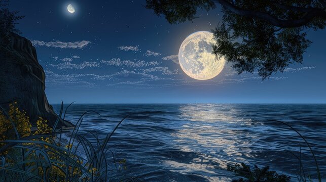Witness the mesmerizing sight of a bright moon rising above the tranquil sea surface.
