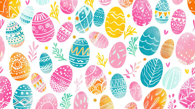 Seamless pattern with colorful Easter eggs on a white background. Hand drawn in the style of a doodle. Pastel colors of pink, yellow and turquoise. Design for printing on fabric, paper, wallpaper 