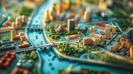 A close-up of a pin location map with vibrant colors and detailed landmarks. 