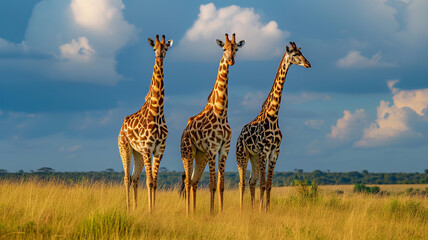 Obraz premium Three majestic giraffes stand tall against the golden savannah backdrop, basking in the warm light, AI Generative.