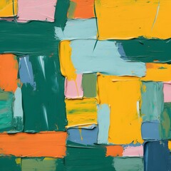 Impasto acrylic painting of rectangles and square background of colorful paint in sage green, yellow orange pink pastel blue and navy blue