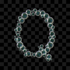 Letter Q made of soap bubbles on a transparent background. Vector illustration