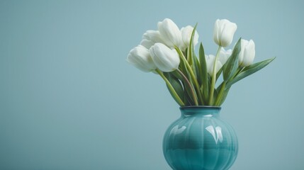 White tulips in a blue vase, styled in minimalist design and soft color palette, AI Generative.