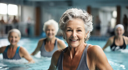 Active mature woman in 60s enjoying aqua gym class, maintaining a healthy lifestyle at a retirement...
