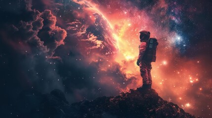 Obraz na płótnie Canvas Astronaut marvels at the view of Earth, a moment of cosmic awe in the vast universe AI Generative.