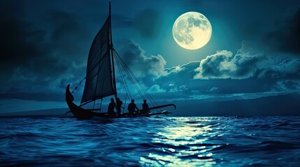 Polynesian outrigger canoe navigates the night sea beneath a luminous moon. Cultural heritage meets celestial wonder.