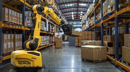 Industrial Robot Moving Through Large Warehouse