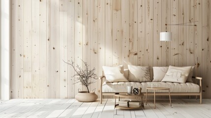 Scandinavian-style interior with pine wood walls, a serene ambiance, AI Generative.