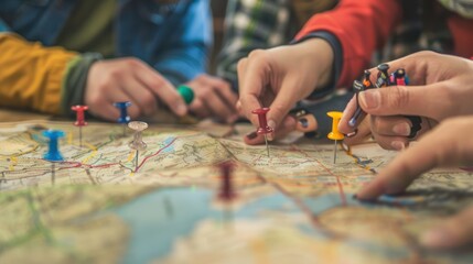 A group of travelers planning their itinerary on a map and placing pins at each destination.