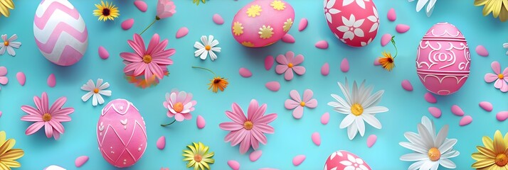 Fototapeta na wymiar Clay Easter Eggs Spring Flowers Blue Background Seamless Pattern