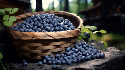 Overflowing basket of blueberries on wooden surface