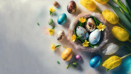 top view of mockup with free space easter quail colorful eggs and springtime flowers as tulips and daffodils over white background spring holidays concept with copy space generative ai