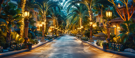 Fototapeta na wymiar Alicante Promenade at Night, Illuminated Path with Palm Trees, Warm Evening Ambiance in a Spanish City, Urban Exploration