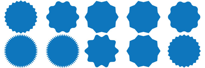 Set of red price sticker, sale or discount sticker, sunburst badges icon. Stars shape with different number of rays. Special offer price tag. Red starburst promotional badge set, shopping labels.