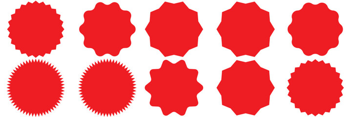 Set of red price sticker, sale or discount sticker, sunburst badges icon. Stars shape with different number of rays. Special offer price tag. Red starburst promotional badge set, shopping labels. - obrazy, fototapety, plakaty