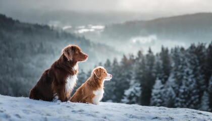 two dogs perch on a snow covered hill a nova scotia duck tolling retriever and a jack russell terrier look into the distance their poised stances and the serene woods