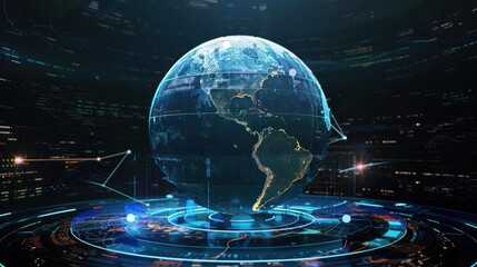 Fototapeta na wymiar A digital illustration of a virtual earth globe rotating on a computer screen, representing global connectivity.