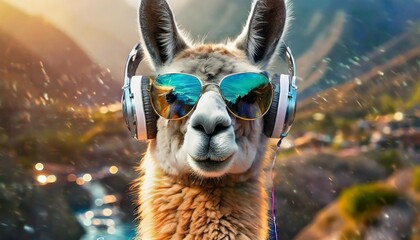 close up of lama with sunglasses and headphones generated using ai technology - obrazy, fototapety, plakaty