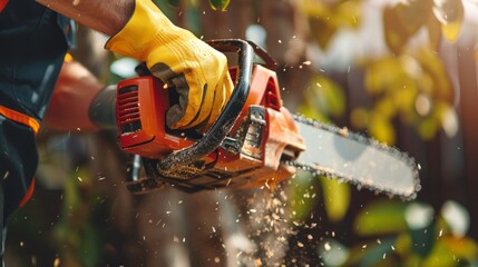 Construction worker using chainsaw to trim trees with power tool on site close-up