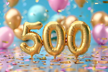 Helium golden balloons of number 500. Celebration of five hundred followers or likes in social media concept
