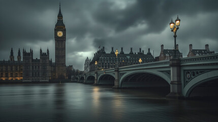 Obraz premium A clock tower looms in the background as a bridge spans over the tranquil water, creating a picturesque cityscape against the dusky sky
