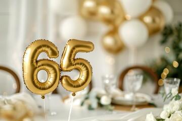 Golden helium floating balloons made in shape of number sixty-five. Birthday jubilee party or wedding anniversary for 65 years celebration. Elegant white decorations	