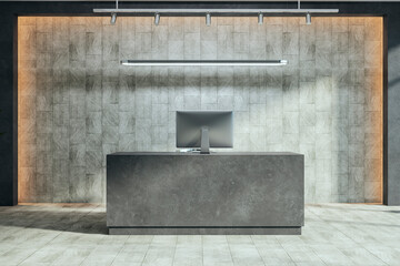 Contemporary concrete office reception. Workplace concept. 3D Rendering.