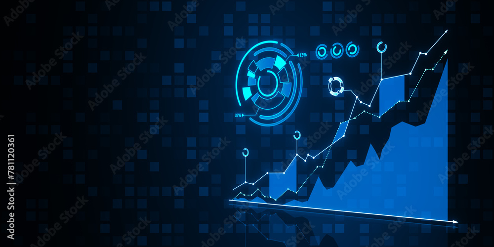 Poster Abstract growing index business chart on dark blue tech backdrop. Financial growth and invest concept. 3D Rendering.
