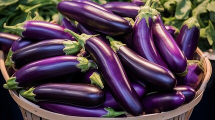 Woven basket filled with glossy, purple aubergines