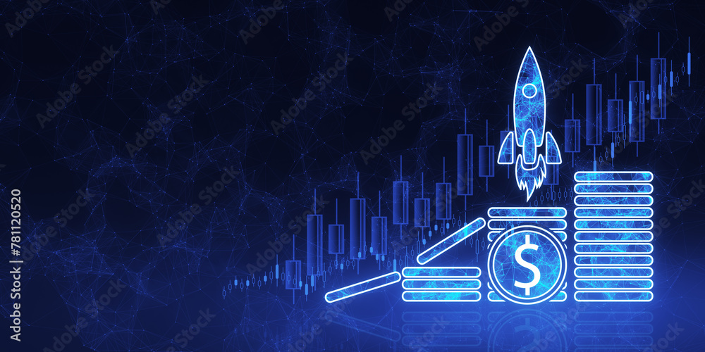 Aufkleber Abstract growing spaceship boost trading hologram with digital dollar coins on blurry blue background with mock up place. Trade, startup and revenue concept. 3D Rendering.