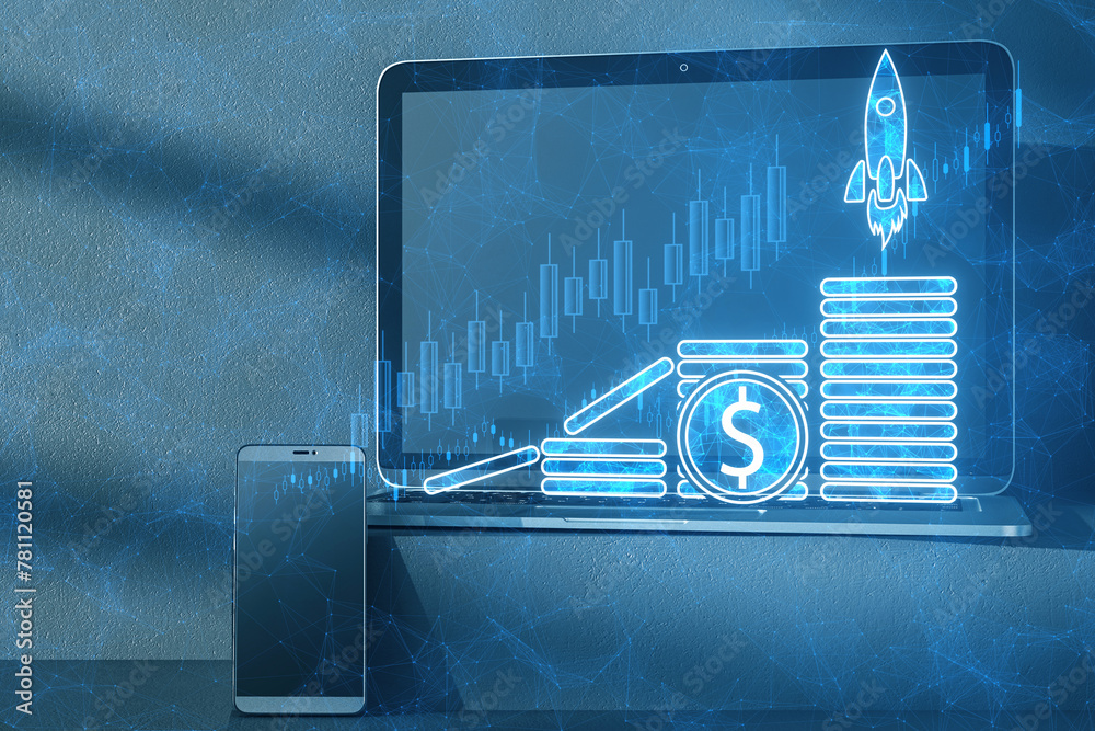 Poster close up of laptop and smartphone with growing trading spaceship boots hologram with digital dollar 