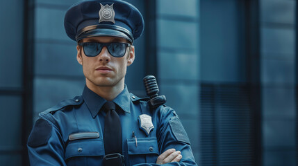 A police officer in electric blue sunglasses and a hat is standing with arms crossed, making a cool gesture. The eyewear adds a moviestar touch to his personal protective equipment - obrazy, fototapety, plakaty