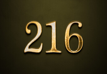 Old gold effect of 216 number with 3D glossy style Mockup.	