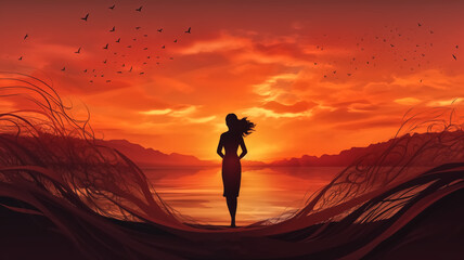 Silhouette of a woman standing by the lake at sunset with birds flying in the background. Digital illustration for themes of tranquility, reflection, and nature.