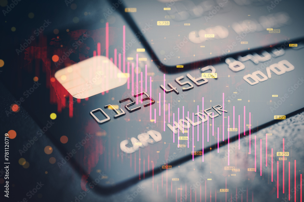 Aufkleber close up of bank cards with downward red forex chart with map, grid and index on blurry background. 
