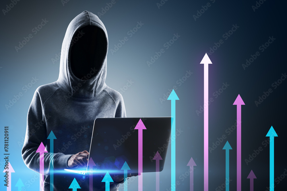 Poster Hacker in hoodie using laptop with various growing arrows on gray background. Growth, hacking, future and performance concept.