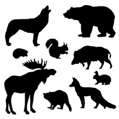 A black and white set of wild animals. silhouettes