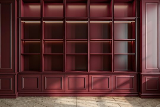 modern burgundy empty bookshelf on light brown wooden wall with light 