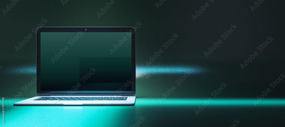 Poster close up of creative neon blue light gaming laptop on dark wide background with mock up place. 3d re