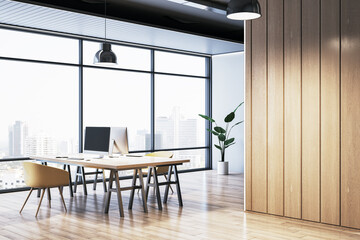 Bright wooden and concrete coworking office interior with panoramic window and city view. Workplace concept. 3D Rendering. - obrazy, fototapety, plakaty