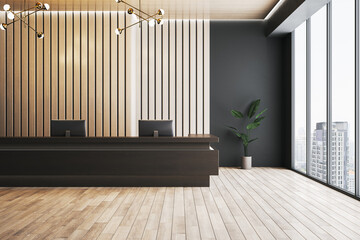 Modern wooden and dark concrete office with panoramic window and city view, reception desk and decorative plant. Lobby concept. 3D Rendering. - obrazy, fototapety, plakaty