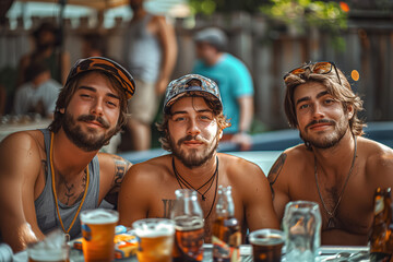 Three Men Sitting at a Table Full of Beer - obrazy, fototapety, plakaty