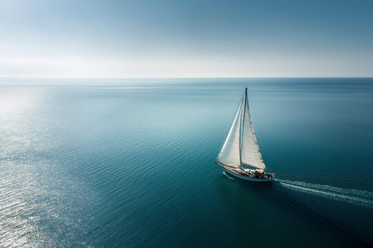 A sailboat glides over a calm blue ocean under a clear sky, leaving a gentle wake trailing behind.